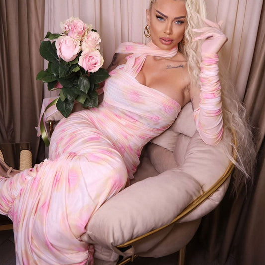 Romantic Draped Ribbon Evening Maxi Dress