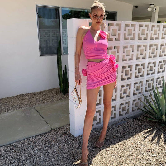 Sexy 3D Rosette Corsage Halter Neck Split CutOut Ruched Bodycon Mini Party Dress