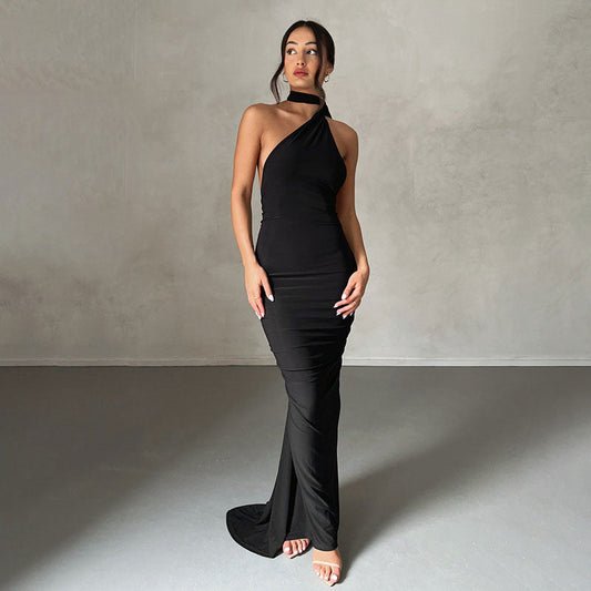 Solid Color One Shoulder Ruched Backless Evening Maxi Dress - Black