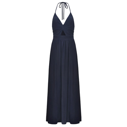 Split Low Back Twist Front V Neck Halter Vacation Maxi Dress - Navy