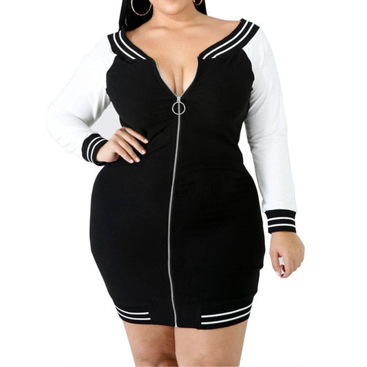 Casual V Zipper Long Sleeve Bodycon Women Plus Size Dress
