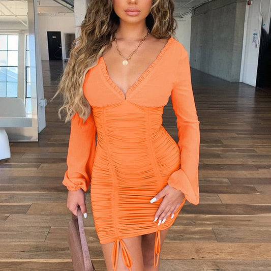 Chiffon Elastic Long Sleeve V- Neck Women Bodycon Mini Dress