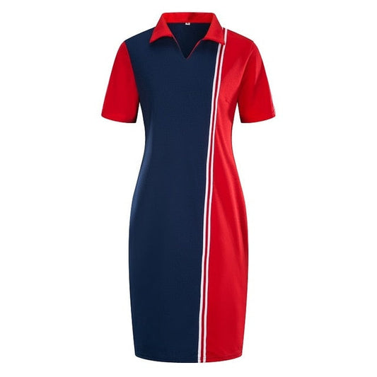 Casual Short Sleeve Patchwork Women Plus Size Polo Dress
