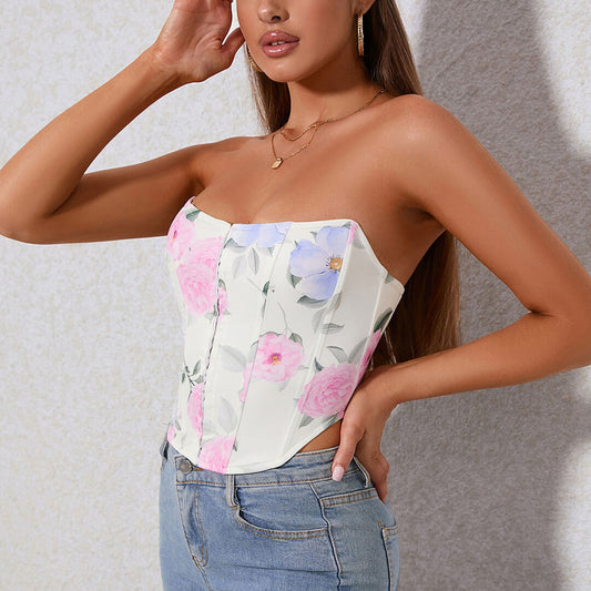 Vintage Flower Print Lace Up Back Strapless Crop Corset Top - White