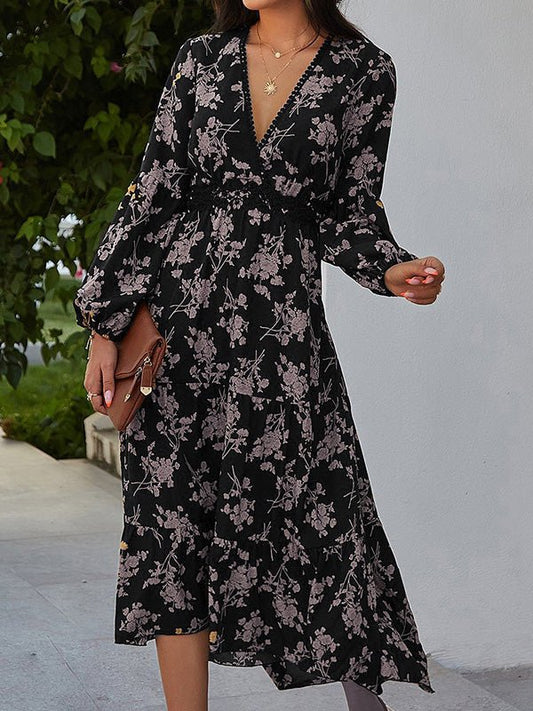 V-Neck Vintage Print Long Sleeve Dress