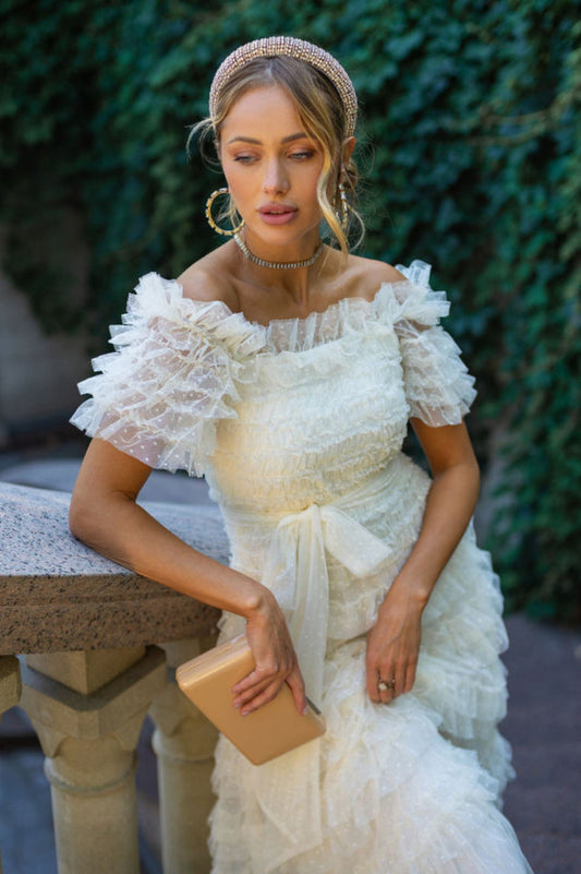 Off Shoulder Dotted Tulle Maxi Dress