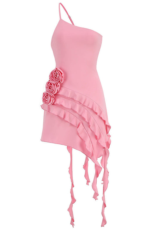 Rose-Detail Ruffled Mini Dress