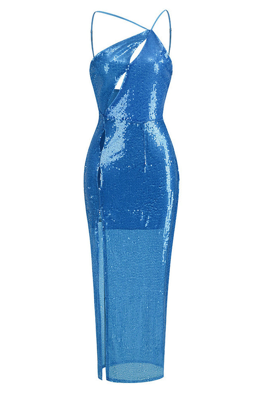 Deep Slit One Shoulder Sequin Dress