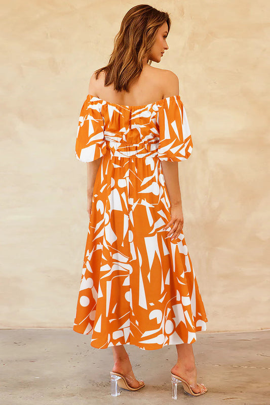 Printed Off Shoulder Balloon Sleeve Dress