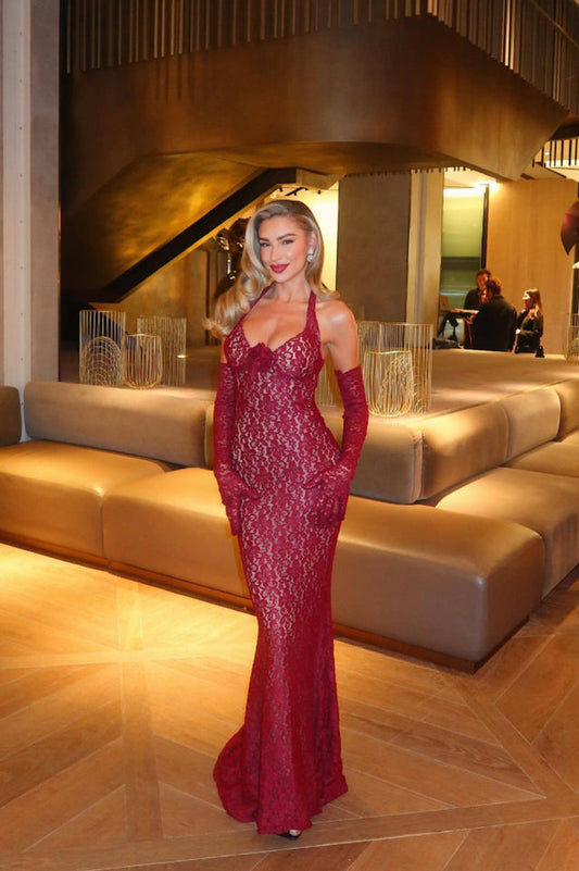 Marjorie Red Rose Lace Halter Maxi Dress