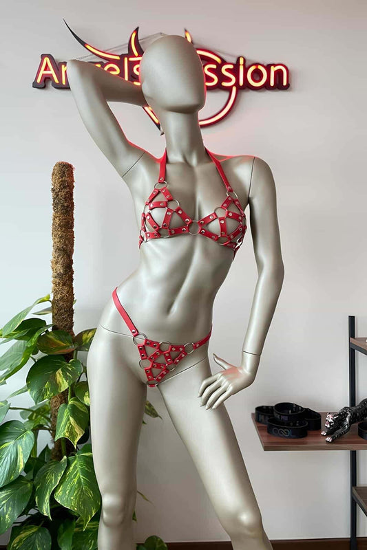 Red Leather Bra Set Leather Underwear