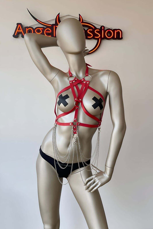 Red Sexy Erotic Harness Over Breast