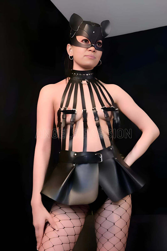 Mini Skirt Body Harness and Cat Mask Set
