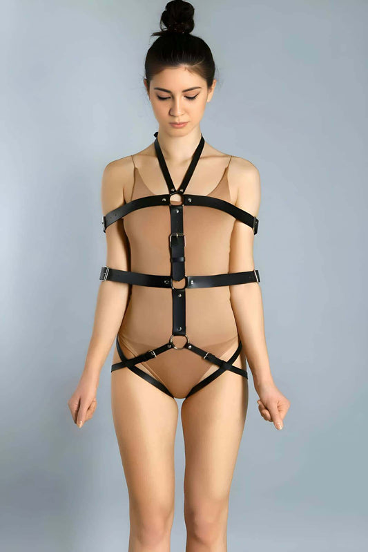 Fantasy Body Handcuffs, Open Crotch Leather Bondage Belt Set