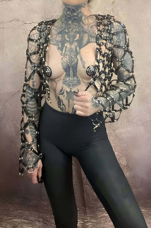 Cross Design Long Sleeve Leather Crop Top with Tie Bustier Harness