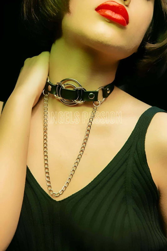 Leather Choker, Leather Collar, Leather Chain Necklace, Leather Ring Necklace