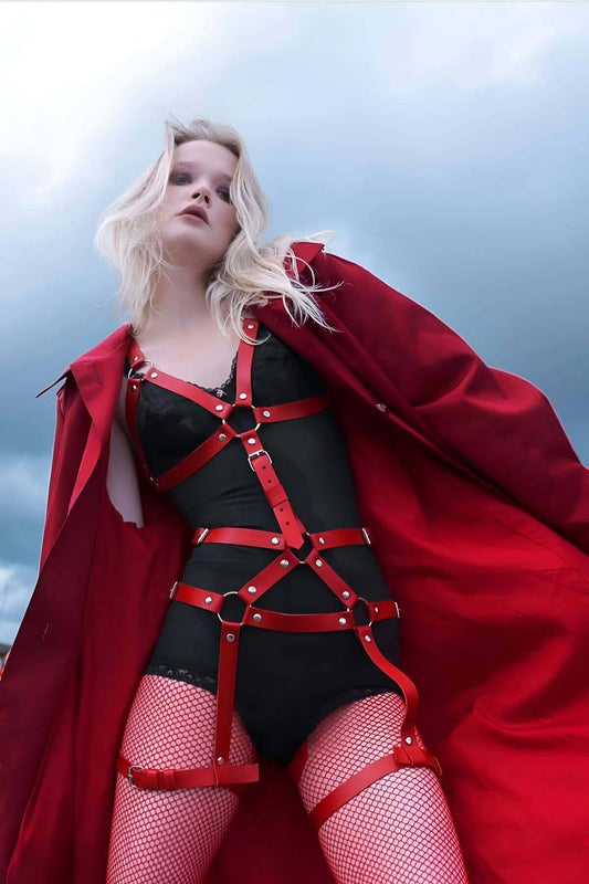 Body-hugging Red Leather Harness Fantasy Clothing