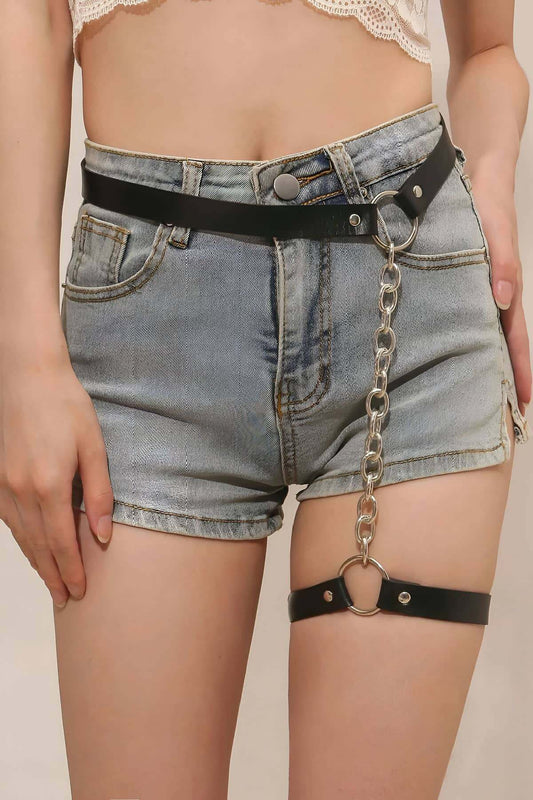 Adjustable Stylish Leather Garter Harness with Chain
