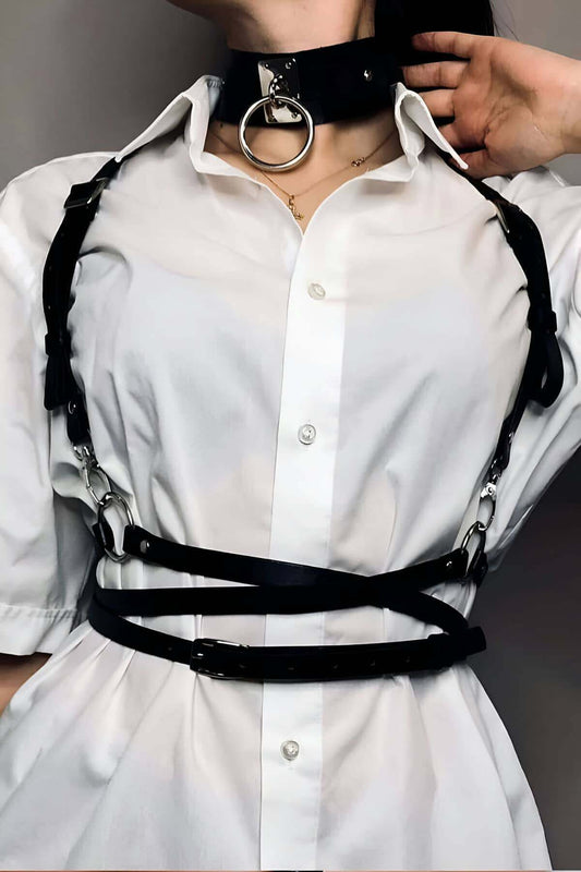 Waist Adjustable Leather Corset Belt and Choker Collar Set