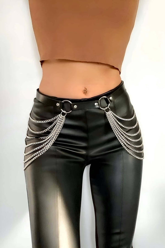 Black Leather Belt with Chain, Waist Jewelry with Chain