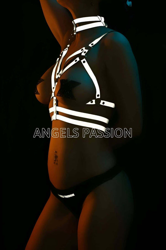White Reflective Erotic Clothing Chest Harness