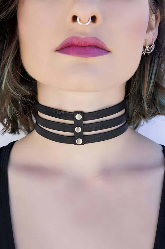 Stylish 3 Row Leather Collar - sexy harness