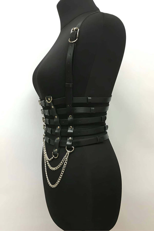 Stylish Leather Belt with 5 Row Chain Details