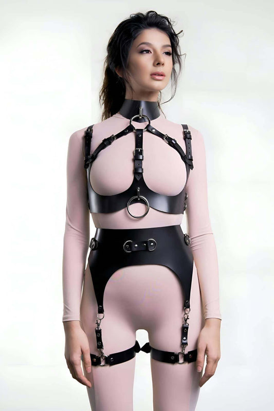 Open-chested Leather Garter Harness Set with Rings