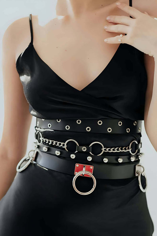 Stylish Leather Belt with Ring and Chain Details