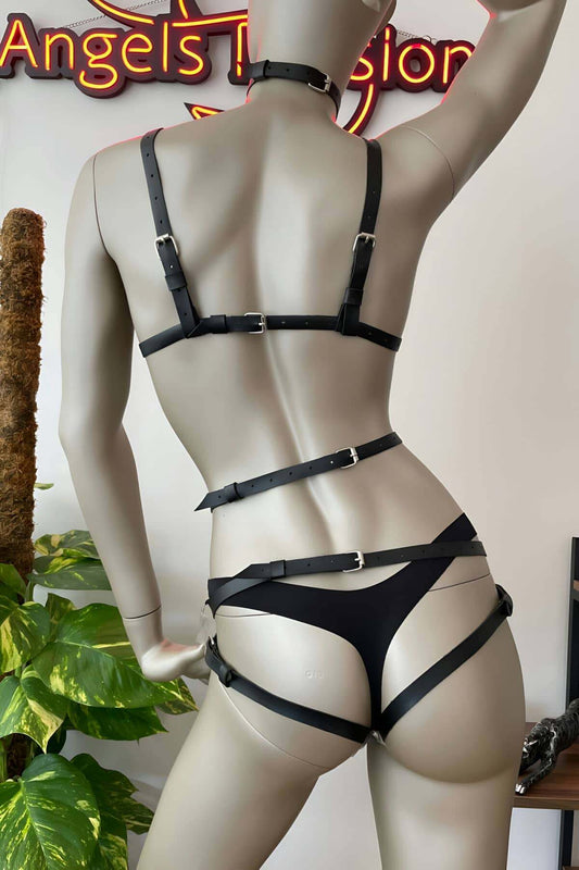 Heart Detailed Black Leather Garter Harness Bra Set