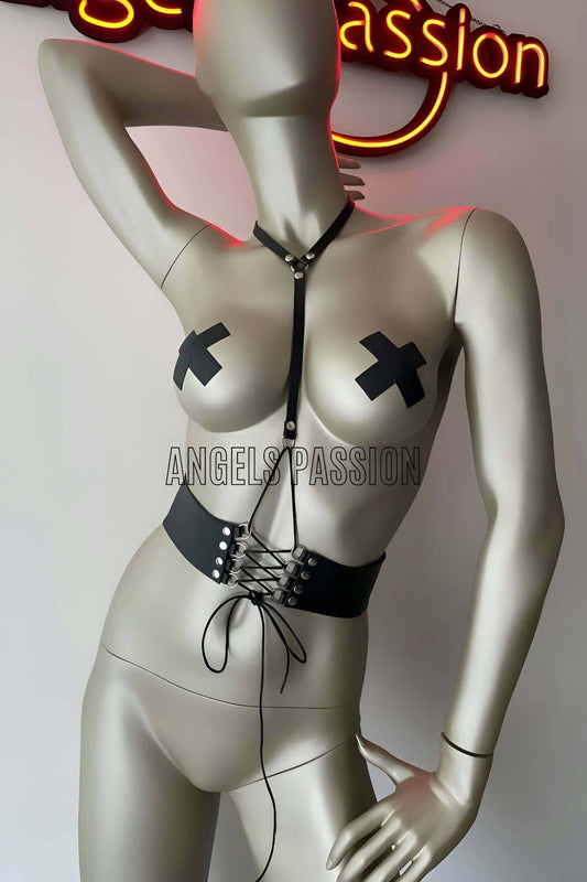 Leather Corset Harness with Clips - Leather Corset Dress