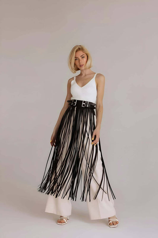 Tassel Leather Skirt, Stylish Tassel Leather Skirt Above Waist