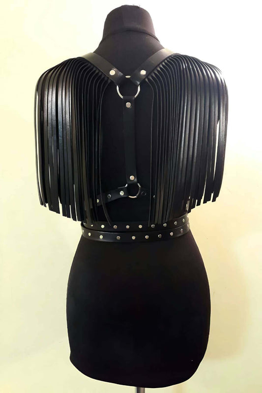Leather Belt with Tassel Detail on Shoulders, Tassel Leather Harness with Straps