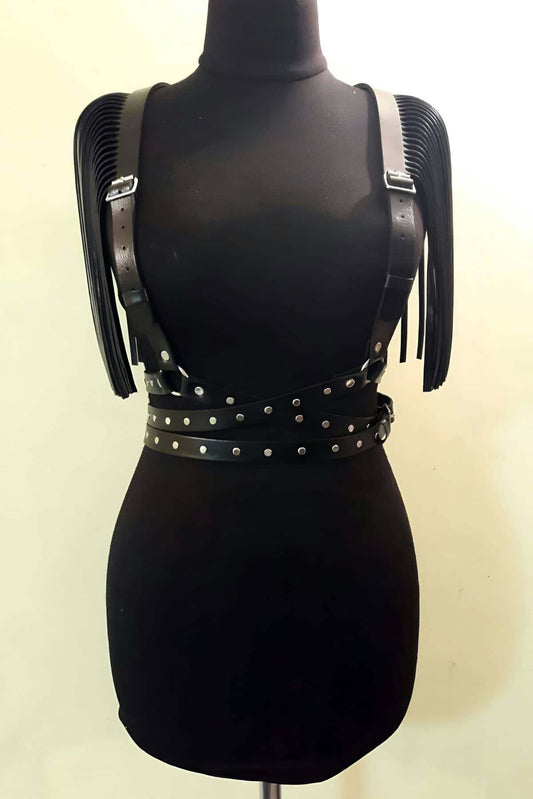 Leather Belt with Tassel Detail on Shoulders, Tassel Leather Harness with Straps