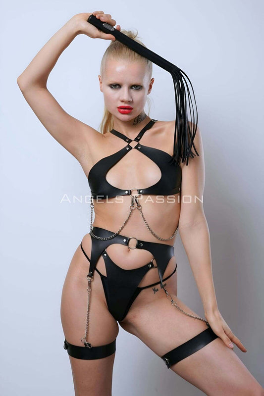 Leather Garter Harness Set, Leather Bra Set, Leather Fantasy Clothing with Whip
