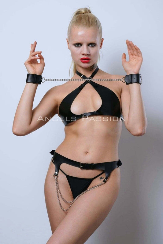 Fantasy Leather Underwear, Leather Handcuffs and Waist Harness Set
