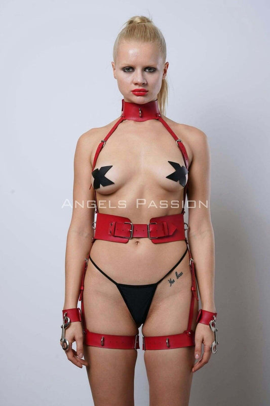 Crimson Dominion Cuffed Harness Set