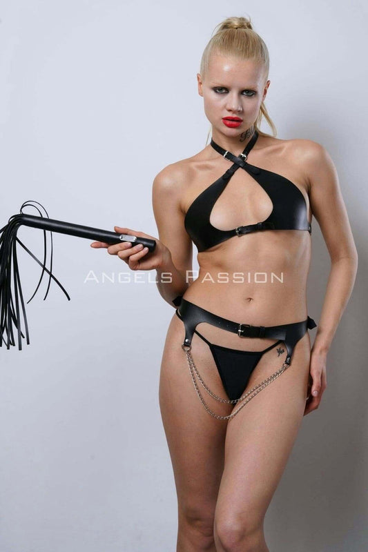 Open Crotch Leather Fantasy Bra Set, Whipped Leather Bra Set