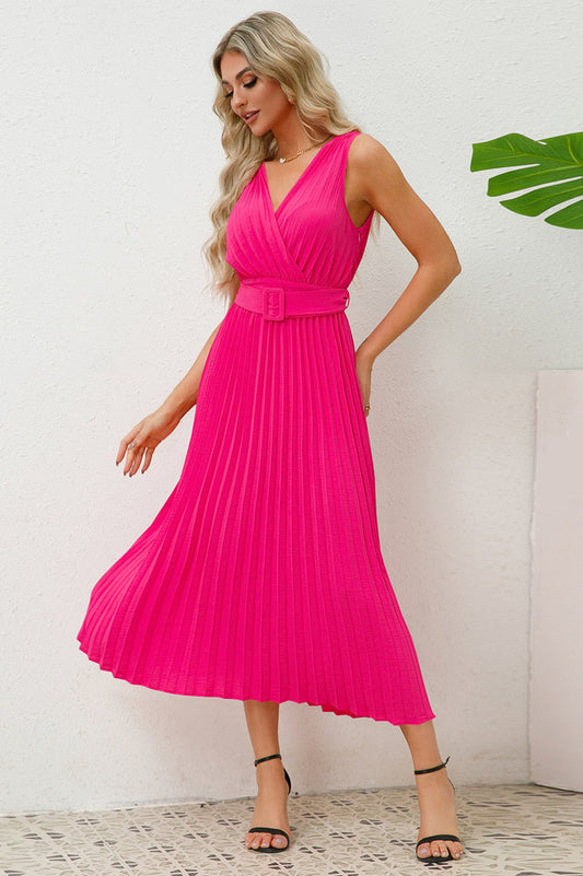 Pleated Sleeveless Dress with Belt