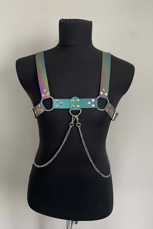 Rainbow Reflective (Glow in the Dark) Stylish Men's Chest Harness with Chain Detail, Reflective Clubwear