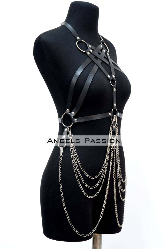 Chain Detailed Leather Chest Harness, Leather Fantasy Clothing, Dress Accessory