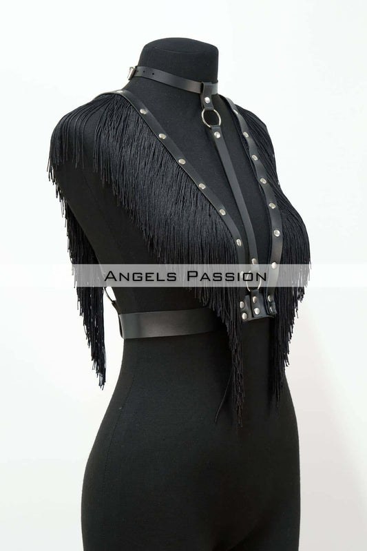 Tassel and Leather Bustier Harness, Tassel Clubwear, Leather Bustier
