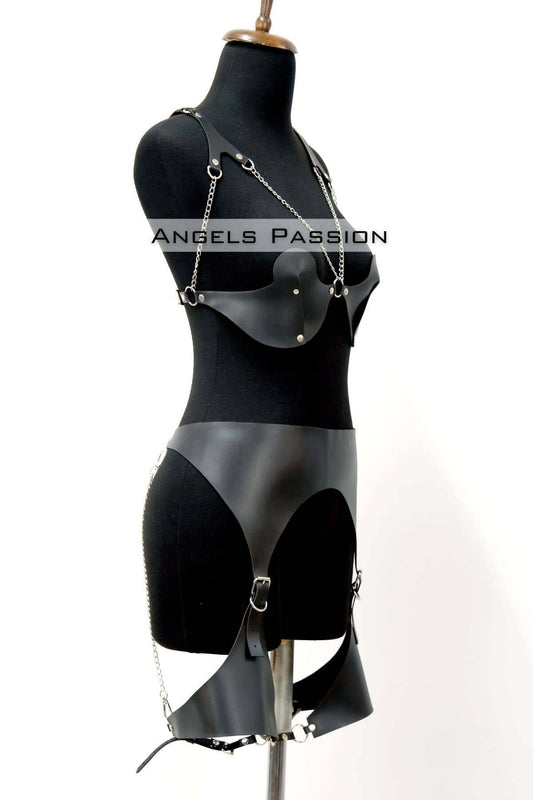 Erotic Leather Garter Harness Set, Women's Fantasy Underwear