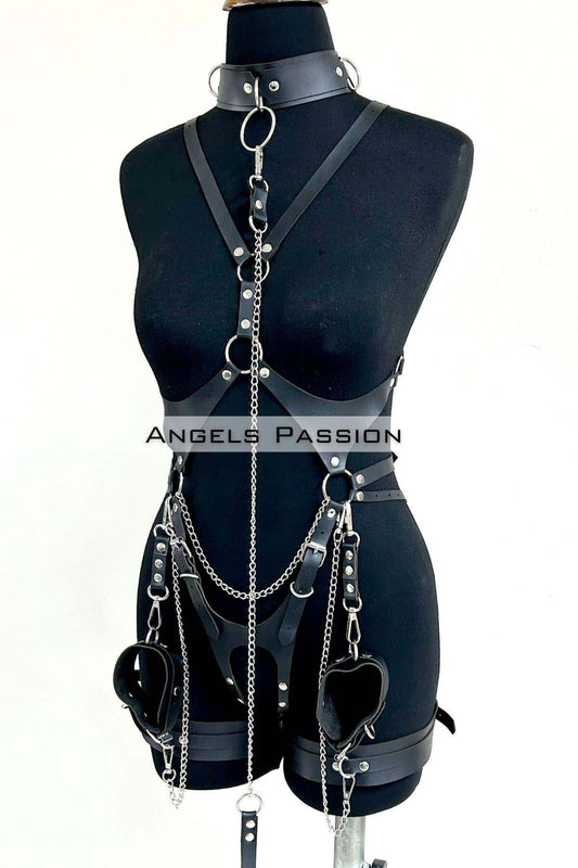 Stylish Leather Harness with Collar and Chain Details, Leather Fantasy Clothing
