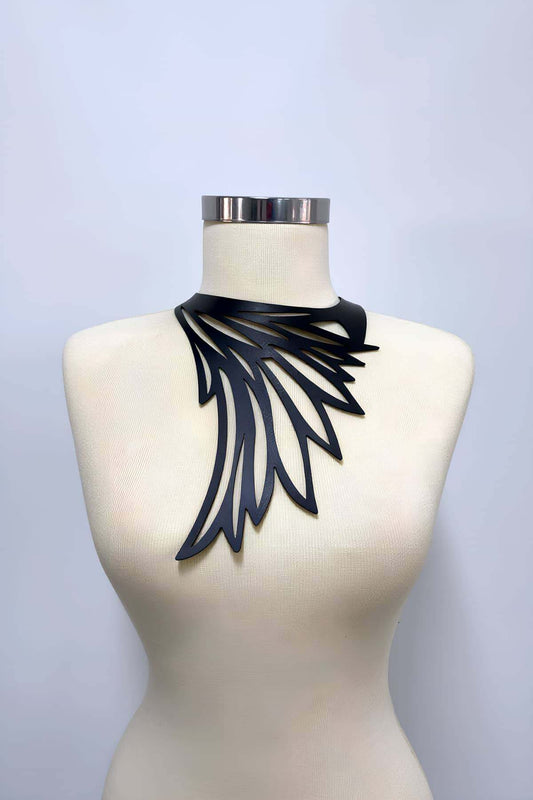 Laser Cut Wing Detailed Choker, Leather Necklace