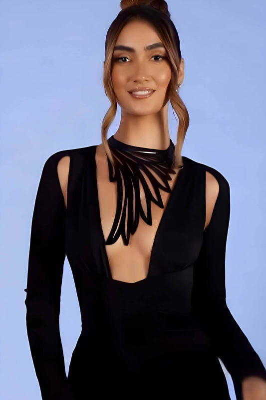 Laser Cut Wing Detailed Choker, Leather Necklace