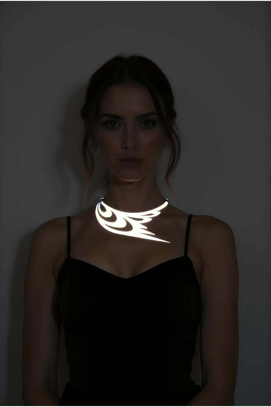 White Reflective Bird Wing and Eye Detailed Choker Necklace, Stylish Laser Cut Necklace