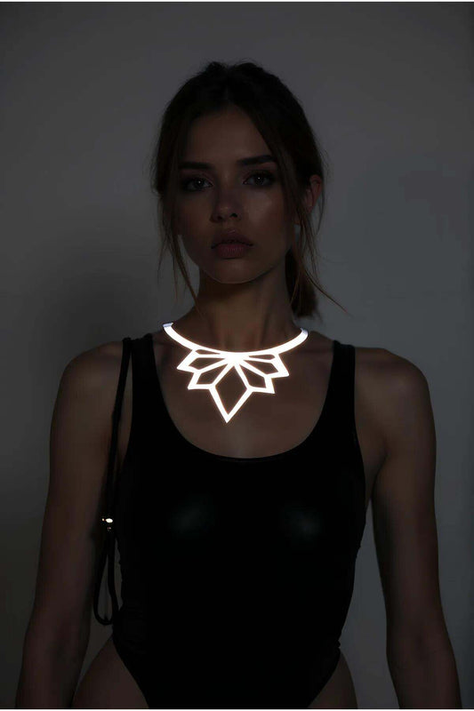 White Reflective Lotus Choker Necklace, Stylish Laser Cut Necklace