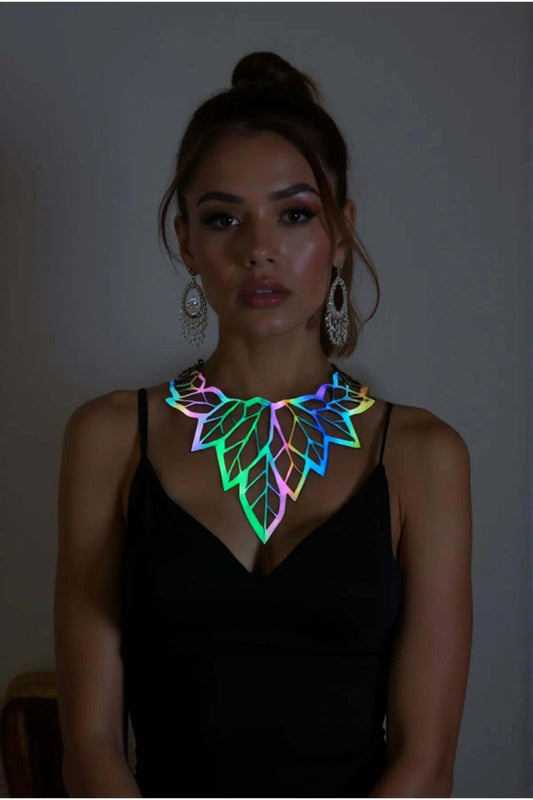 Rainbow Reflective Large Leaf Choker Necklace, Stylish Laser Cut Necklace