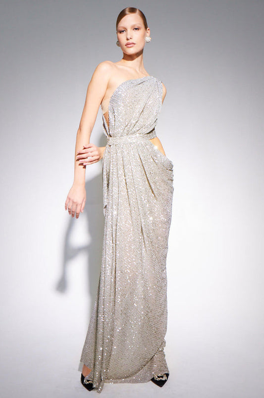 One Shoulder Sequins Cut Out Split Maxi Dress